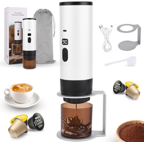 3 in 1 Caffettiera Portatile, Macchina da Caffè Espresso Capsules, Senza Fili & Auto-Riscaldante, 15 Bar, 90 ml, Può preparare 50 tazze di caffè, per Viaggi Campeggio Auto Ufficio (Bianco Perla)