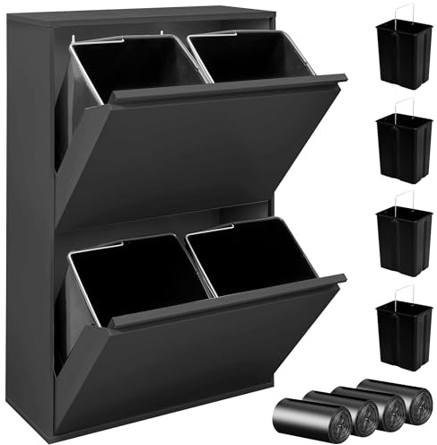 JUPPLIES Cubo de Basura Cocina Reciclaje de Acero con 4 Compartimentos | 4x17 (68L) | Mueble Contenedor de Reciclaje Metálico con 2 Cajones Abatibles para Casa u Oficina | Papelera 90,5x58,5x52cm