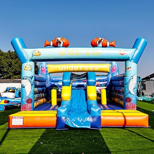 Profi Springburg Unterwasserwelt Theme mit Rutsche & Tunnel – XXL Hüpfschloss 5,5x5,5m für Indoor & Outdoor, Hält bis zu 10 Kinder, 0,55mm PVC Plane Hüpfburg mit Gebläse