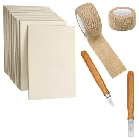 JASFLY 24 Pezzi Compensato, Pannelli di Legno 100 x 150 x 1.5 mm Con 2 Coltello per Decorazioni, Dipinti, Legno, Bricolage, Progetti di Modellini