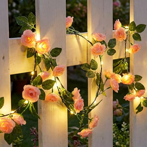 Qoosea Lichterkette Rosen Künstliche Blumen, 1.8M 40 LED Fake Rosen Ranken Lichterkette Batteriebetrieben, Wasserdichte Blumengirlande Lichterketten für Garten Hochzeit Party Geburtstags Dekor