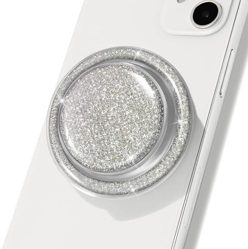 Cell Phone Accessory Compatible with Magsafe Magnetic Sliver Glitter and Transparent Collapsible Mobile Phone Grip Stand Holder for Smartphone