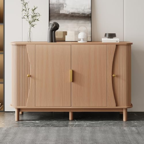 Kebnor Aparador color nogal 140 x 40 x 88 cm de MDF, cómoda con bordes curvados, 2 puertas correderas, armario de almacenamiento para salón, pasillo, soporta hasta 60 kg