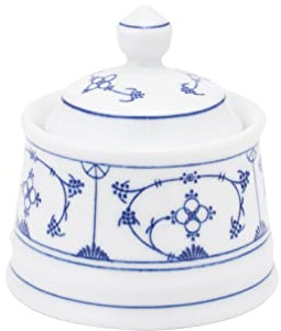 KAHLA 412001A75056H Blau Saks Zuckerdose 0,25 l | Zuckerschale mit Strohmuster aus Porzellan | Petersilienmuster Jägermuster Marmeladendose Honigtopf 250 ml weiß blau