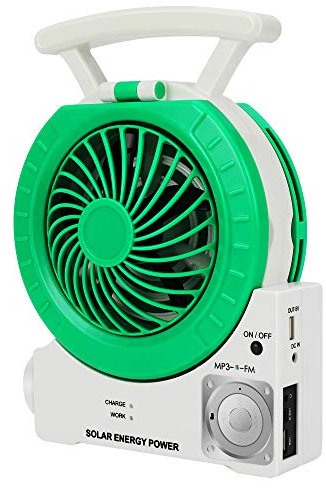 DHD Ventilateur solaire multifonction pour la pêche et le divertissement - Avec radio/MP3/lampe de table/lampe torche/téléphone portable - Vert