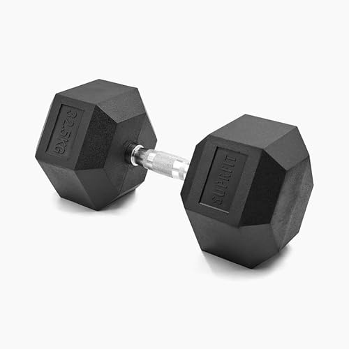 SUPRFIT - Hexagon Kurzhantel einzeln mit gummiertem Eisenkern - Fitness Gewichte Hanteln 1x32,5 kg mit rutschfestem Chromgriff - Premium Kurzhantel für Calisthenics, Krafttraining & Crossfit Übungen