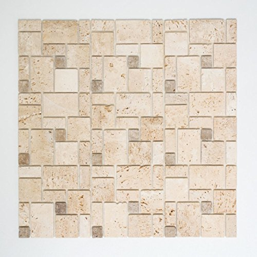 Mosaik Fliese selbstklebend Travertin Naturstein beige Kombination Travertin beige für WAND DUSCHE KÜCHE FLIESENSPIEGEL THEKENVERKLEIDUNG Mosaikmatte Mosaikplatte