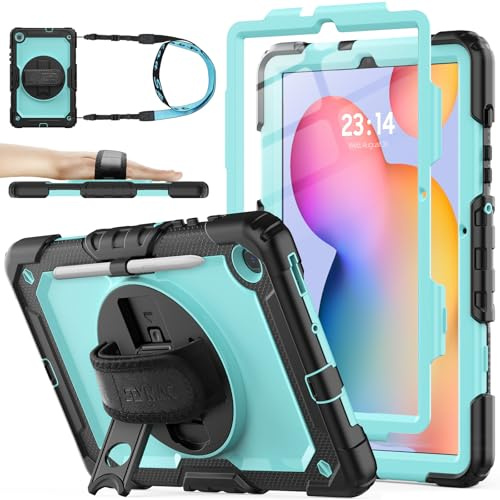 SEYMAC stock Funda para Samsung Galaxy Tab S6 Lite 10,4'' | Funda Resistente con Protector de Pantalla [Soporte/Correa de Mano Giratorio de 360°] Portalápices y Bandolera, Azul Claro