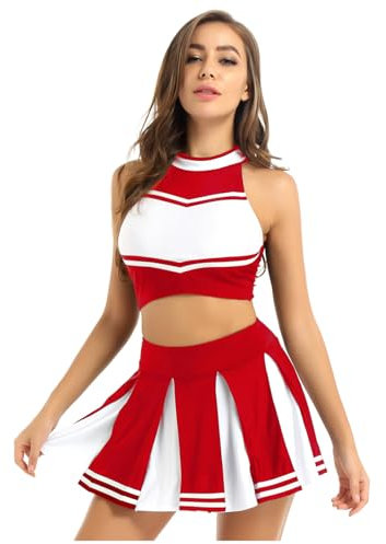 renvena Damen Cheer leader Kostüm Cheerleading Cosplay Uniform Ärmellos Bauchfrei Oberteil mit Minirock Faltenrock Karneval Fasching Party Tanz Kostüme B Rot S