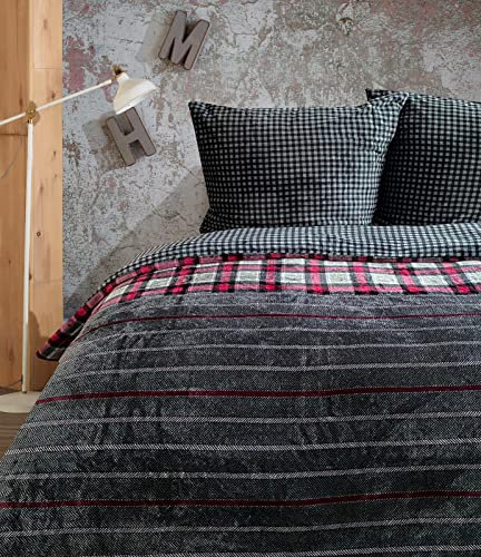 Leonado Vicenti Teddy-Fleece Bettwäsche 155x220 cm Winter Flausch Plüsch 2 teilig Winterbettwäsche Fleece Reißverschluss Kissenbezug 80x80 cm, Karo Gestreift, Anthrazit Grau