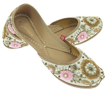 Fulkari Women's Bergenia Beige Gold Genuine Soft Leather Embroidered Jutis | Bite and Pinch Free Jutti | Punjabi Formal Juttis | Girl's Wedding Flat Ladies Mojari | Formal Ethnic Juti |39