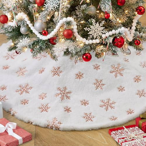 Falda de árbol blanca de 48 pulgadas, copos de nieve de oro rosa, faldas de árbol de piel sintética, faldas grandes de felpa para árbol de Navidad, decoración de árbol de Navidad