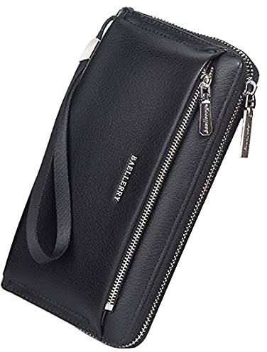 A-QMZL Cartera Larga Hombre Cartera de Gran Capacidad Cuero Embrague de los Hombres con Bolso de Mano para Hombre Bolsa para teléfono móvil con Correa para la Muñeca(Negro)