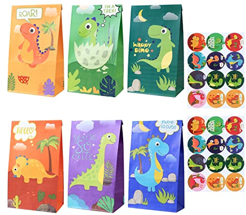 18 Stück Geschenktüten Dino,Papiertüten Kindergeburtstag,Dinosaurier Papiertüten mit 24 Aufkleber,Candy Tüten zum Geburtstagsfeier Geschenke,Kindergeburtstag, Dinosparty-6 Designs