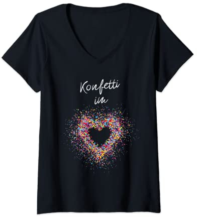Damen Konfetti im Herz Karneval Konfetti Kostüm Fasching Köln T-Shirt mit V-Ausschnitt