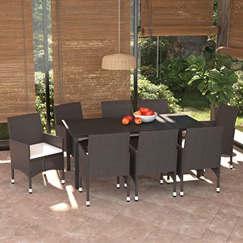 Gecheer 9-TLG. Garten Essgruppe mit Kissen Möbelsets Gartenmöbel Polyrattan Garten Sitzgruppe Gartengarnitur Garten Essgruppe Outdoor Terasse Poly Rattan Braun