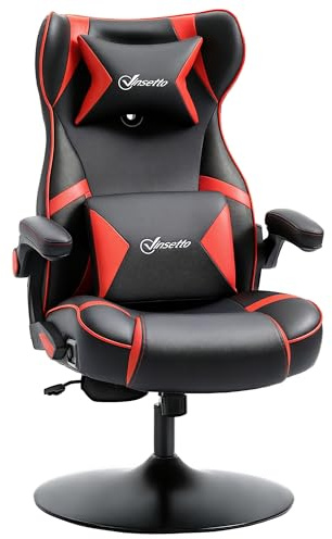 Vinsetto Chaise de Gaming Ergonomique avec 2 Haut-parleurs intégrés Base Ronde Hauteur réglable accoudoir relevable Coussins têtière et lombaires PU Noir et Rouge
