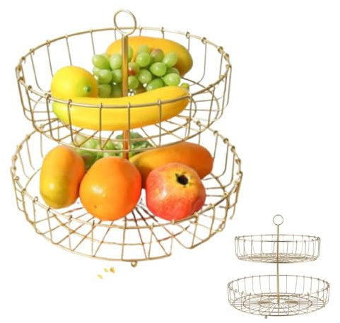 Cyrank 2 Tier Metal Fruit Basket, Fruit Basket Holder Counter Top Fruit Stand Bowl Storage Detachable Metal Storage Holder for Storing and Organizing Fruit Vegetables Eggs Breads