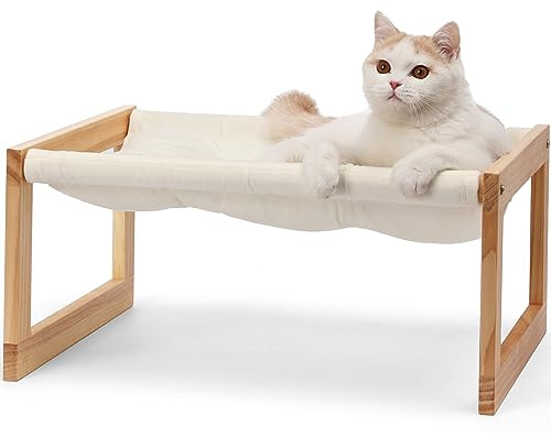 FUKUMARU Lettino Per Gatti Rialzato in Velluto Felpato Per Interni, Amaca Con Struttura in Legno Massiccio, (53L x 42W x 25H) cm, Adatto Per Cane, Tessuto Lavabile
