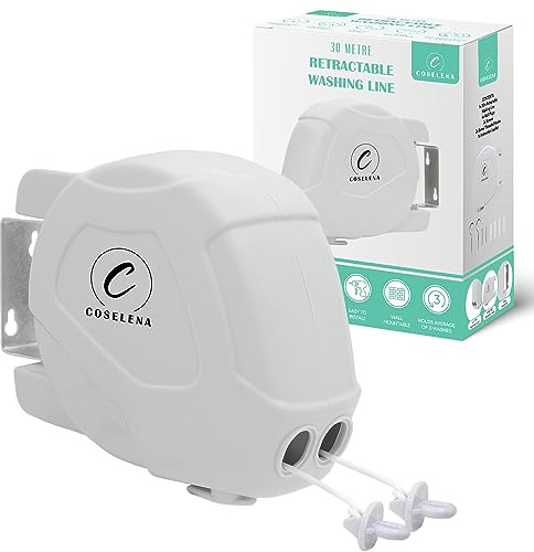 Coselena Tendedero retráctil de 30 m – Cuerda Doble Resistente con Gancho – Secadora Extensible Antideslizante para Uso en Interiores y Exteriores – Color Blanco