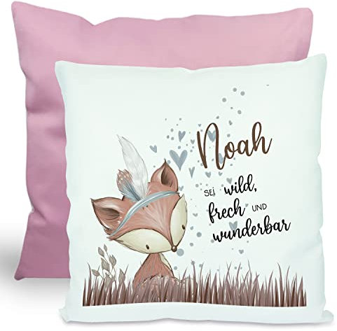 CreaDesign, Kinder Kissen 40x40 cm personalisiert mit Namen, Kinderzimmer Deko Kissen Kinder mit Füllung Federn, Motiv Fuchs Indianer, Rückenfarbe Rosa