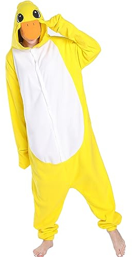 Focupaja Unisex Gelber Enten-Strampler für Erwachsene und Teenager Halloween Pyjamas Tier Cosplay Kostüme Einteiler