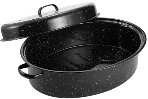 Granite Roaster Pan, 19” Enameled Roasting Pan with Domed Lid. Oval Turkey Roaster Pot, Broiler Pan Great for Turkey, Chicken, Lamb, Vegetable. Dishwasher Safe Cookware Fit for 20Lb Turkey by Kendane