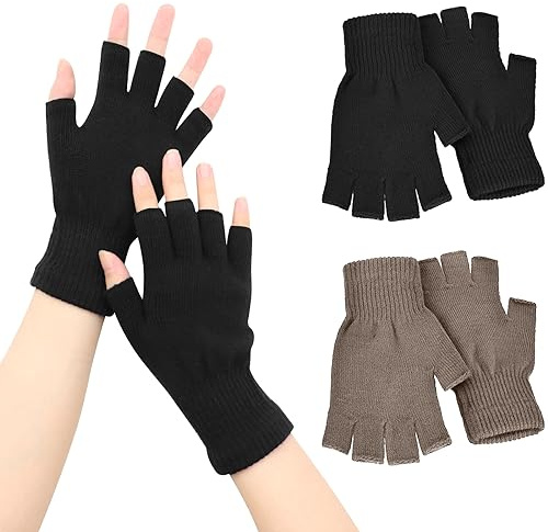 VEGCOO Mitaines Femme Homme, 2 Paires de Gants Tricotés Hiver Demi-doigt pour Femme et Homme(Noir*1 et kaki*1)