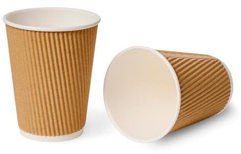Sunrise Packaging 50 x 12oz Kraft Ripple Coffee Cups 340ml | Eco-Friendly Insulated Brown Hot Drinks Cups | Recyclable Leakproof Brown Paper Cups for Tea Coffee Cappuccino Hot Chocolates