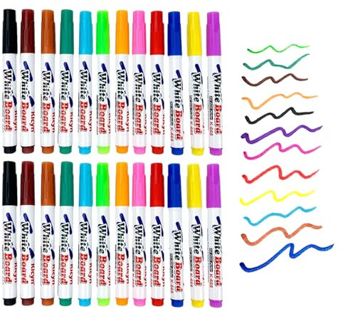 Zodors Whiteboard Marker, 24 Stück Rundspitze Whiteboard Stifte mit 12 Farben, Abwischbare Stifte für Magnettafel Flipchart, Lehrer Zubehör Schule Zuhause Büro