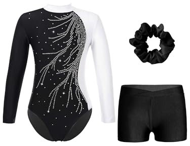 FEESHOW Mädchen Kinder Turnanzug Mit Hose Langarm Turntrikot Gymnastik Body Gymnastik Shorts Und Haargummi Ballett Tanzoutfit Weiß&Schwarz 170