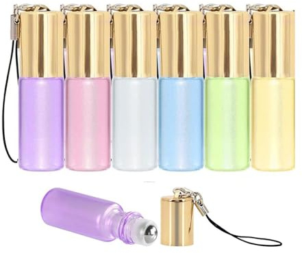 12 Pcs Botella de rodillo de aceite esencial, rodillo de vidrio de color perla de 5 ml en botellas con bolas de rodillo de acero inoxidable Viales gruesos para bálsamos labiales de perfume