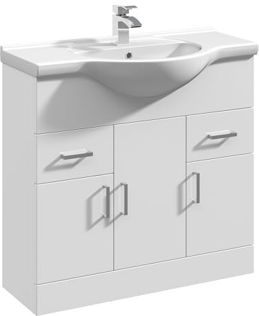 Balterley Vanity Unit with Basin Floor Standing, 3 Door 2 Drawer Soft Close with Curve Sink & Handle, Bathroom Vanity Units with Basin, Bathroom Sink Storage Cabinet - 855 x 485 x 836mm (White)