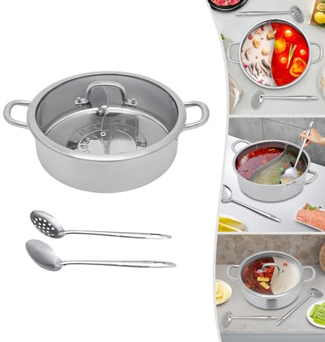 Pentola in acciaio inox Hot Pot Shabu Hot Pot pentola pentola pentola per pasta con mestoli per zuppe, coperchio in vetro, divisore doppio, pentole per la casa, hotel, cucine, moderne, argento, 32 cm