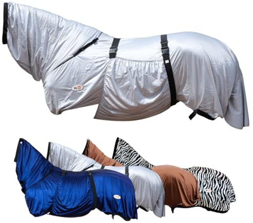 RL24 - Ekzemerdecke mit Halsteil & Bauchlatz – Fliegendecke z. Schutz vor Insekten – feinmaschiges Gewebe, doppelter Frontverschluss & Beinschnüre – Outdoor-Pferdedecke in Silbergrau – 125cm