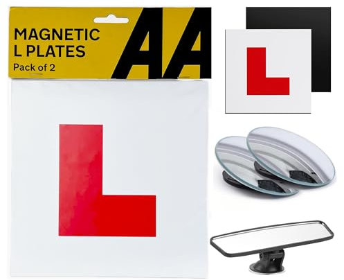 Learner Driver Kit UK – 2 Magnetic L Plates, 2 Blind Spot Mirrors & Interior Rear View Mirror – Driving Test Essentials for Beginners, New Drivers, Practice Lessons, Car Accessories
