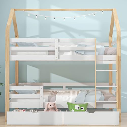 Ins und aus dem Bett kommen, Doppelbett, Kinderbett in Hausform, große Schubladen, Kiefernholz Haus Bett for Kids, 90 x 200 cm, ohne Matratze, weiß+Holzfarbe