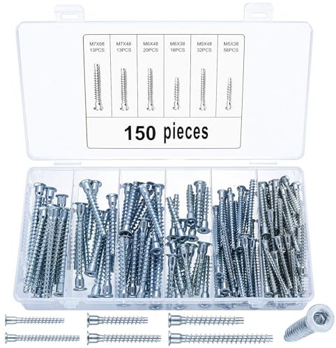150 Pcs Confirmat Screws, Allen Key Flat Pack Furniture Carcass Screws, Hex Socket Wood Chipboard Furniture Connecting Screw for Furniture Industry, White Zinc, M5/M6/M7