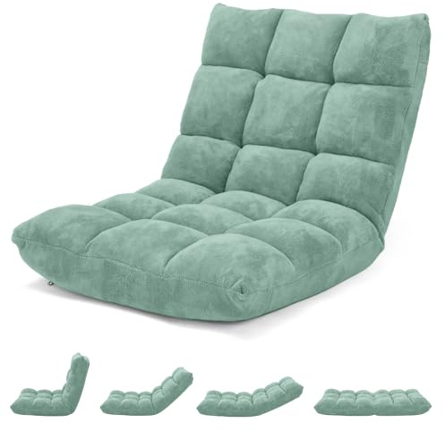 COSTWAY Canapé Paresseux Chaise de Sol, Fauteuil Convertible en Polaire Corail Dossier Réglable 14 Positions, Chaise de Méditation/Jeux Vidéo, pour Coin Lecture, Salon, Enfant/Adulte, Vert
