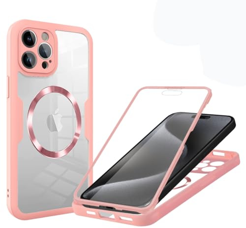 Magnetica Cover iPhone 15 Pro Max [Compatibile con Magsafe] Integrata 9H Vetro Temperato Schermo e Protezione Fotocamera, Custodia Antiurto 360 Gradi Fronte Retro Doppia Faccia Case -Rosa