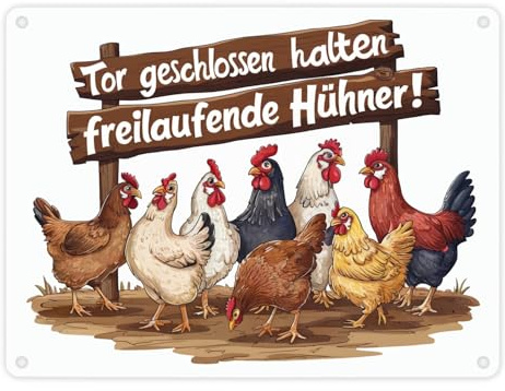 Freilaufende Hühner - Tor geschlossen halten Metallschild in 15x20 cm Bauernhof Holzschild Verspieltes Design und skurrile Typografie Ländlicher Charme