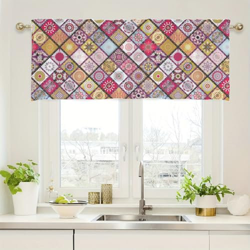 Lirzxin Scheibengardinen, Bistrogardine Blickdicht Kurzvorhänge Geometrisch Raute Mandala Blumenmuster Polyester Küchengardinen für Esszimmer Badezimmer, 137x45CM, Bunt, 1 Stück