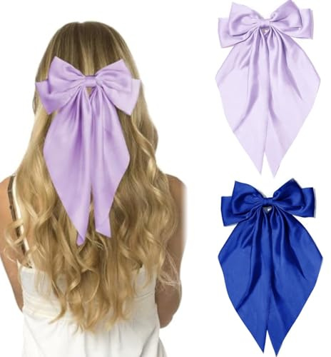 Fermagli per capelli con grande nastro, per donne e ragazze, con coda lunga, in raso, con nodo a coccodrillo, forcine per capelli, accessori per coda di cavallo, viola chiaro, blu reale (J)
