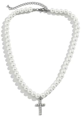 KnSam Herren Kette Jahrestag, Edelstahl Partnerketten Bead Kette mit Anhänger Kreuz Form, Silber Bead-Kette mit Perle, 47CM