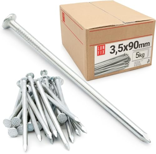 LUN FIX Stahlnägel 3,5x90 mm, 5kg ca. 750 stk., Nägel Verzinkt, Senkkopf | 90 mm Lang, Nagel Set, Stahlstifte Für Holzarbeiten, Reparatur Und Heimwerken, Vielseitige Nails Anwendungen Aus Stahl