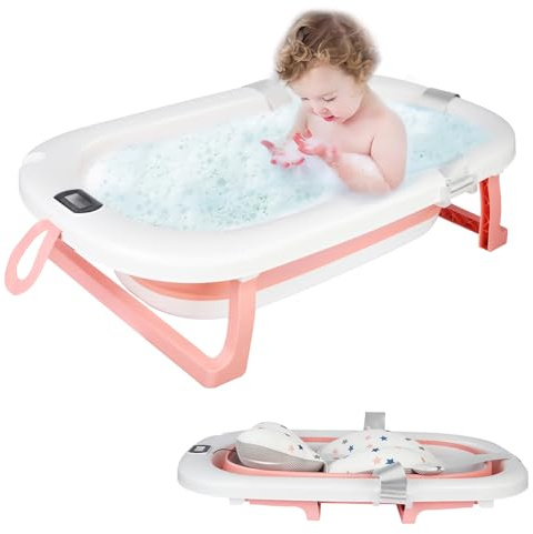Faltbares Babybad mit digitalem Thermometer, Babybadewanne mit Kissen für Babys, mit Duschkopfstecker, ergonomisch und platzsparend, 0-24 Monate (Rosa, 80 x 50 x 23 cm)