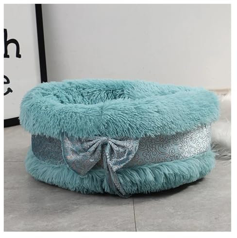 Süße Katzenbetten Haustier Hund Warmes Bett Luxus Schleife Dekoration Flauschiges rundes Haus Weiches langes Plüschbett Hundekorb Tiere Schlafbett(Green,S Dia 40CM)