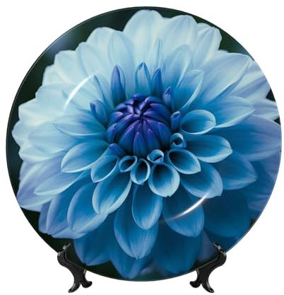 Blue Dahlia Flower Bone China Decorative Plate Ceramic Decorative Plate with Display Stand 6in Decorative Plate Round Porcelain Plate Dinner Plates for Home Study Room Hotel Wall Decor