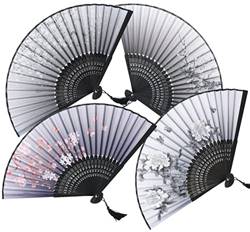 olyee 4 Stück Handfächer Fächer Hochzeit Chinesische Blumen Stoff Faltbare Hand Fan mit Quasten Taschenfächer für Hochzeit Geburtstag Fotografie Wanddeko