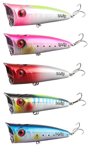 Oberflächenfischen Popper Köder, WASAGA 5 stück 14,6g / 20g Wassersprühfisch Schwimmender Topwater Köder für Hecht Bass Lachs Barsch (9cm-14.6g-5pcs)